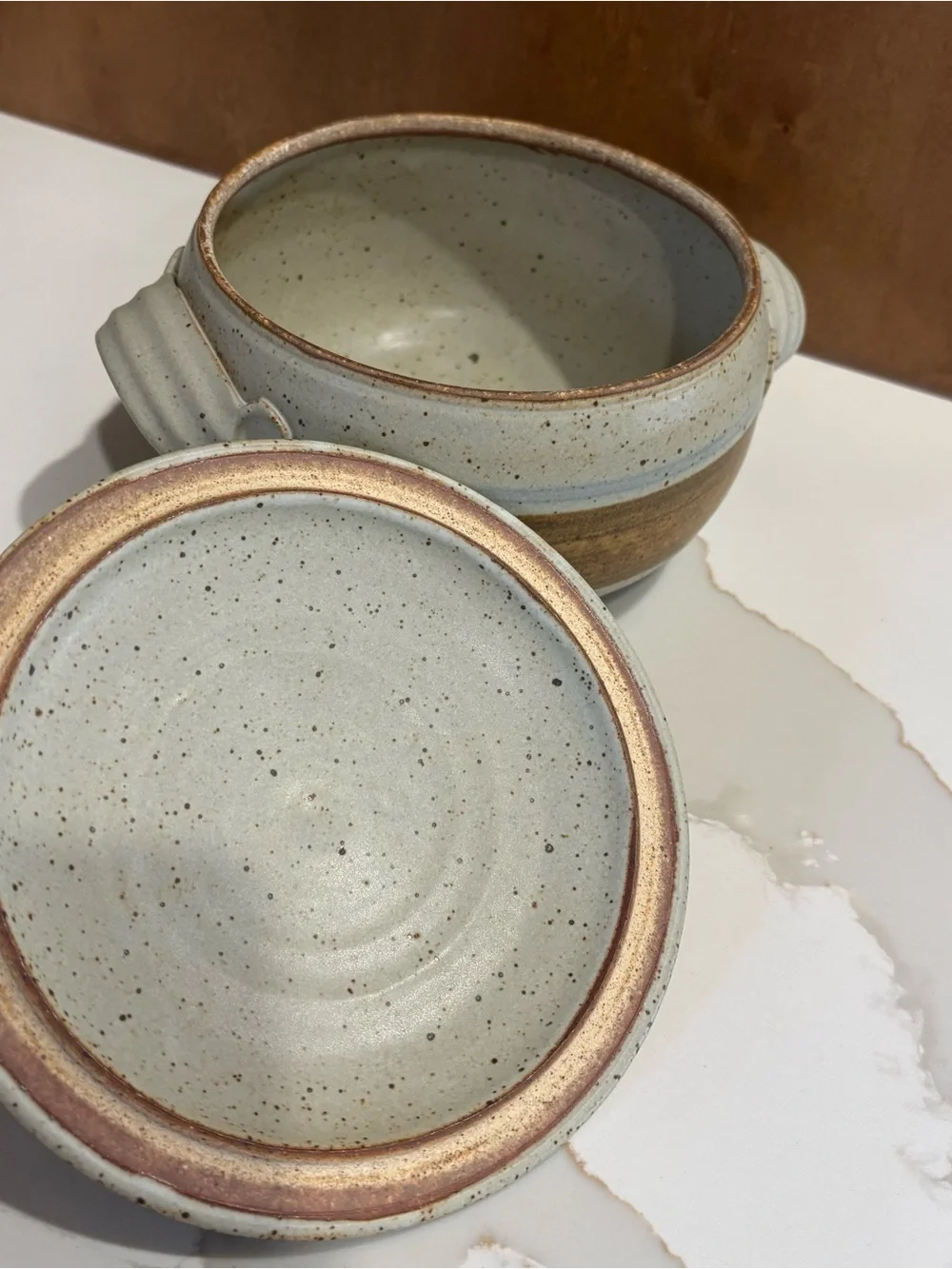 Vintage Haas Studio Pottery Bowl Pot with Handled Lid Earthtones Brown Blue
